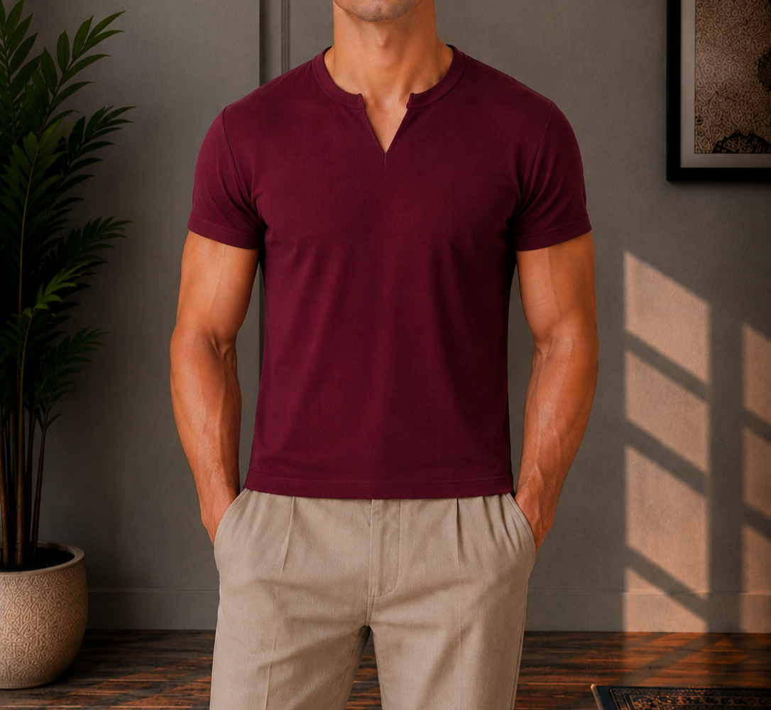 Henley V- shirt Burgandy