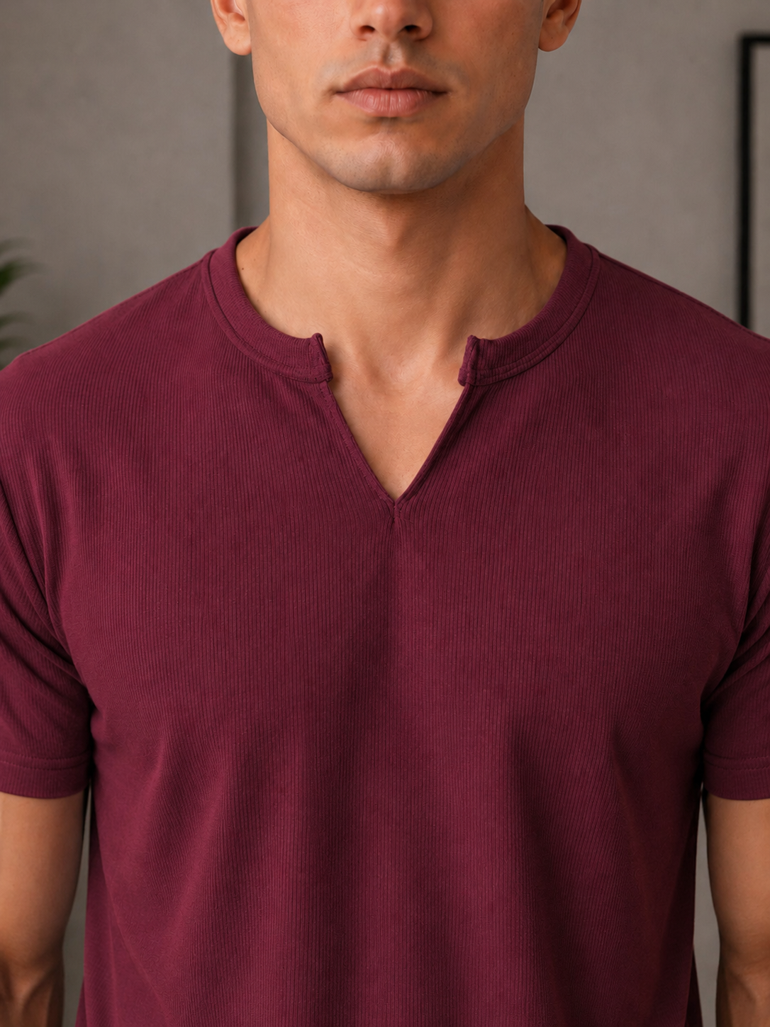 Henley V- shirt Burgandy